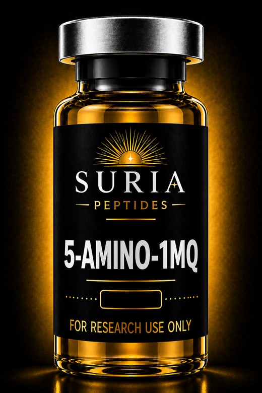Vial of 5-Amino-1MQ research compound with silver cap and Suria label