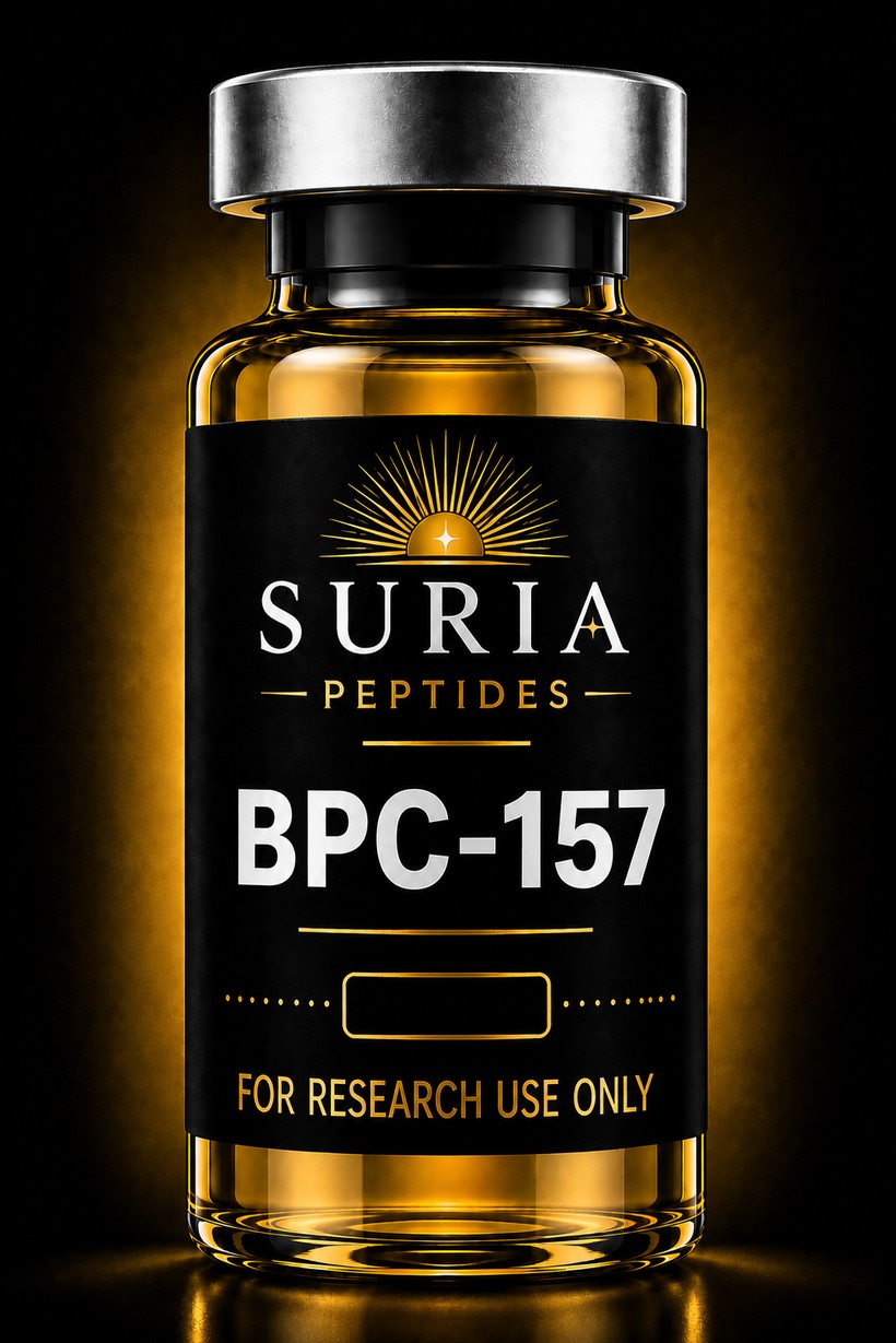 Vial of BPC-157 research compound with silver cap and Suria label, lit against a dark background with warm gold ambient light