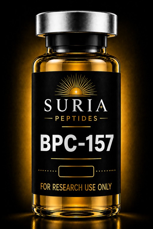 Vial of BPC-157 research compound with silver cap and Suria label