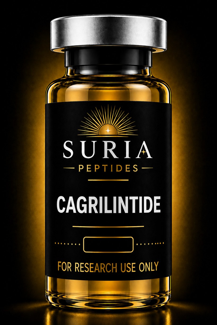 Vial of Cagrilintide research compound with silver cap and Suria label, lit against a dark background with warm gold ambient light