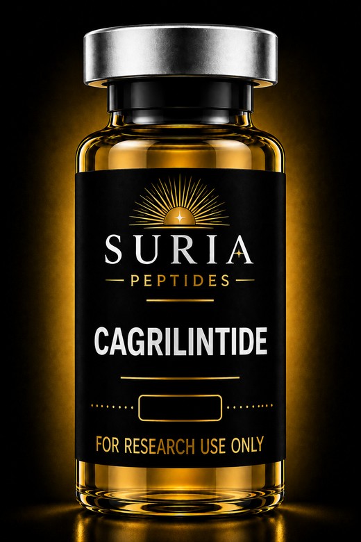 Vial of Cagrilintide research compound with silver cap and Suria label