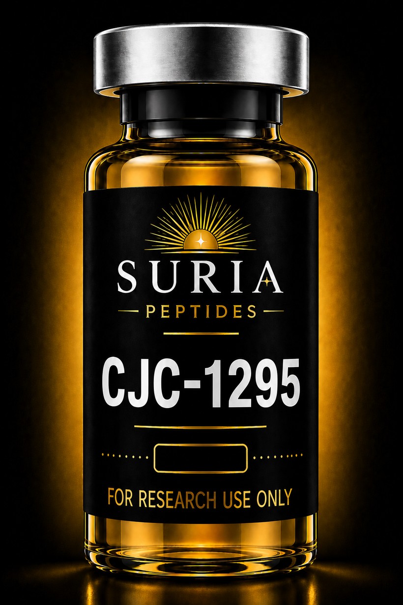 Vial of CJC-1295 research compound with silver cap and Suria label
