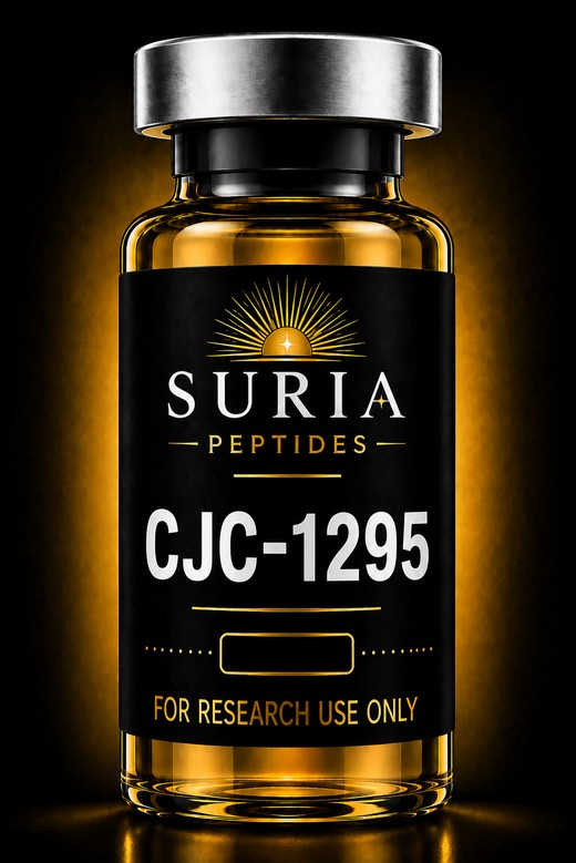 Vial of CJC-1295 research compound with silver cap and Suria label