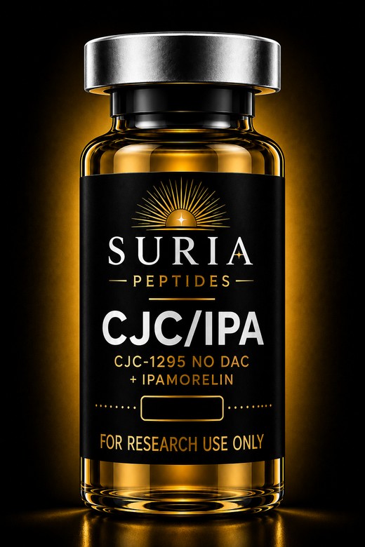 Vial of CJC/IPA research compound with silver cap and Suria label