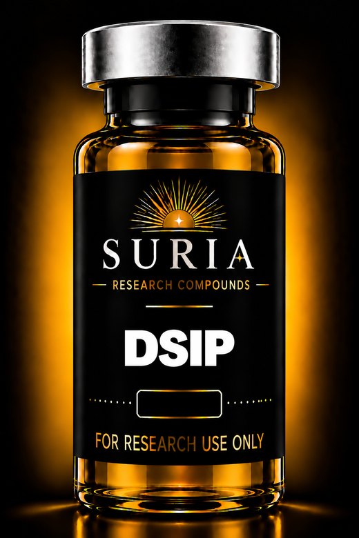 Vial of DSIP research compound with silver cap and Suria label