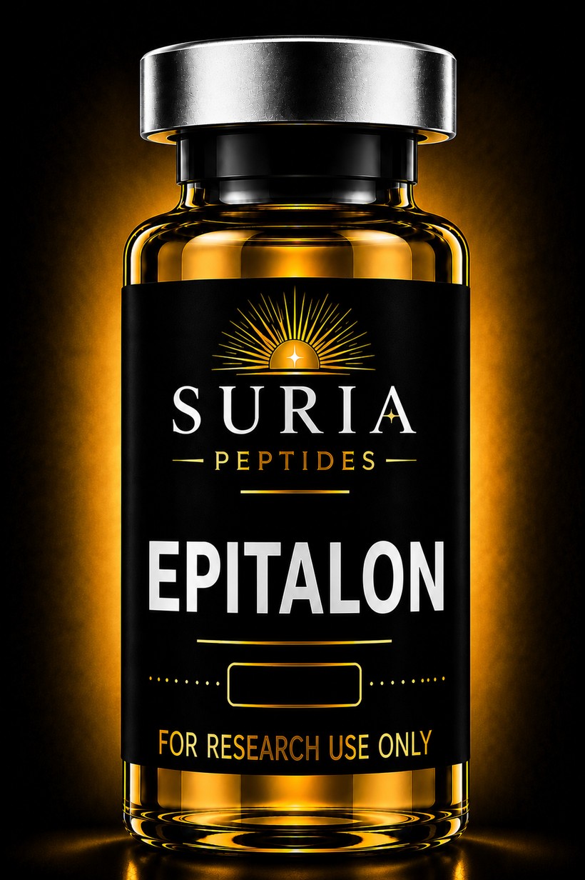 Vial of Epitalon research compound with silver cap and Suria label
