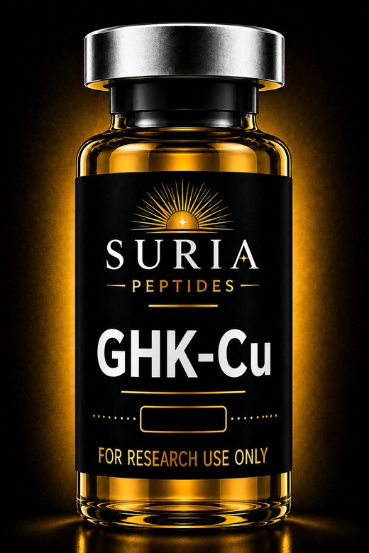 Vial of GHK-Cu research compound with silver cap and Suria label