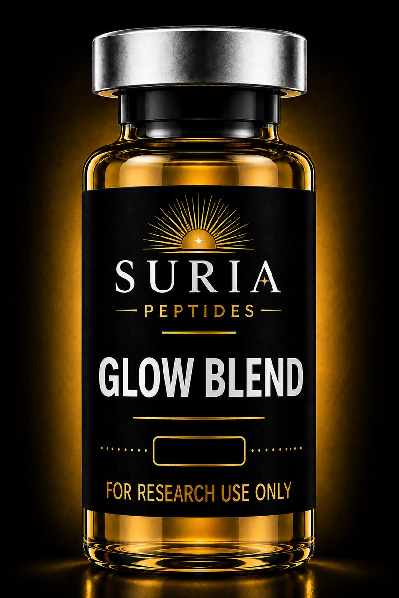 Vial of GLOW Blend research compound with silver cap and Suria label