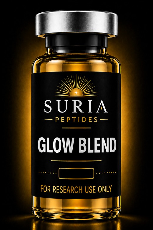 Vial of GLOW Blend research compound with silver cap and Suria label