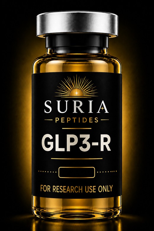 Vial of GLP3-R research compound with silver cap and Suria label