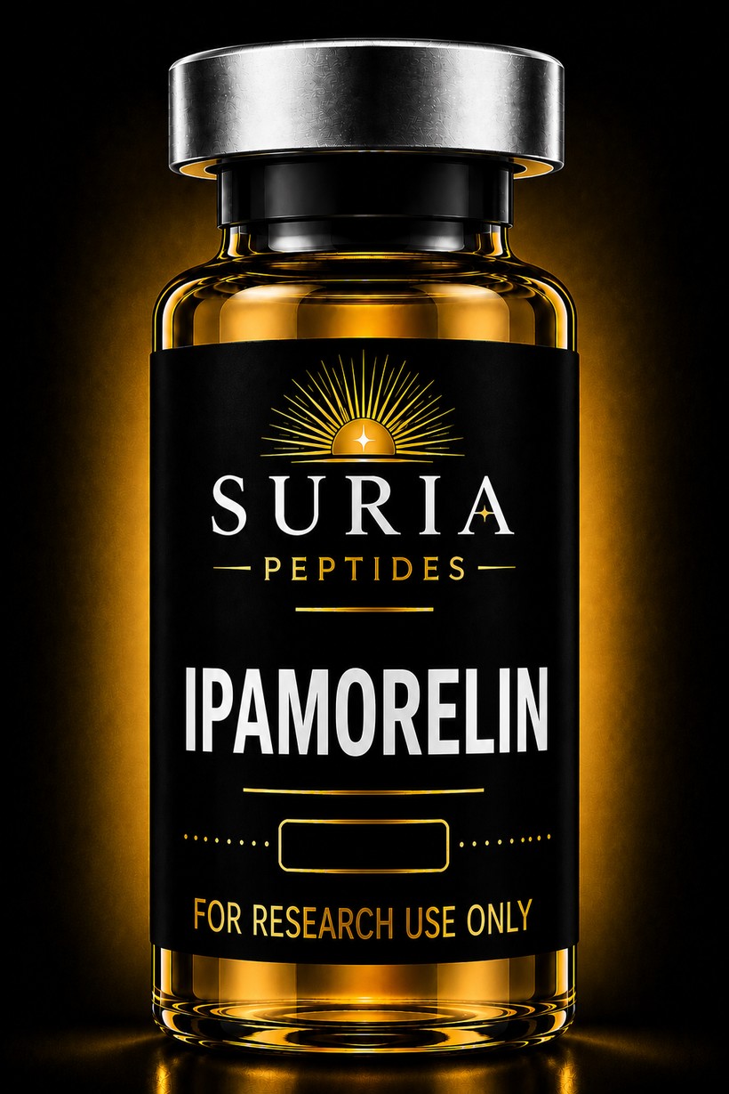 Vial of Ipamorelin research compound with silver cap and Suria label, lit against a dark background with warm gold ambient light