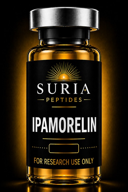Vial of Ipamorelin research compound with silver cap and Suria label