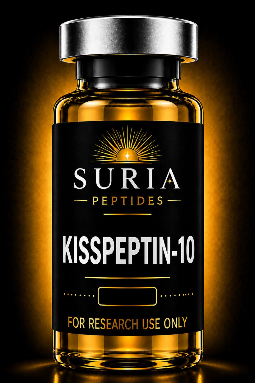 Vial of Kisspeptin-10 research compound with silver cap and Suria label