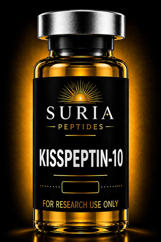 Vial of Kisspeptin-10 research compound with silver cap and Suria label