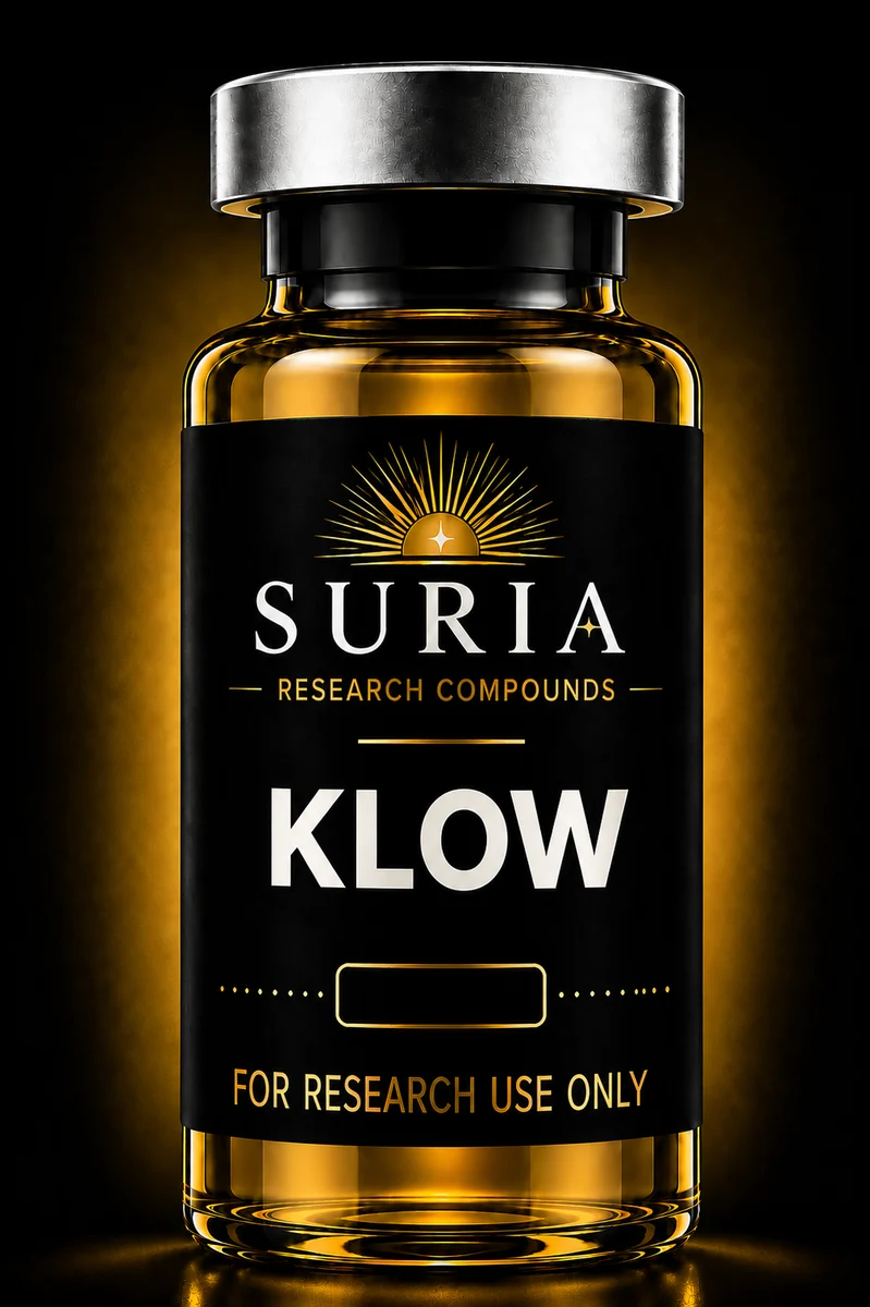 Vial of KLOW research compound with silver cap and Suria label