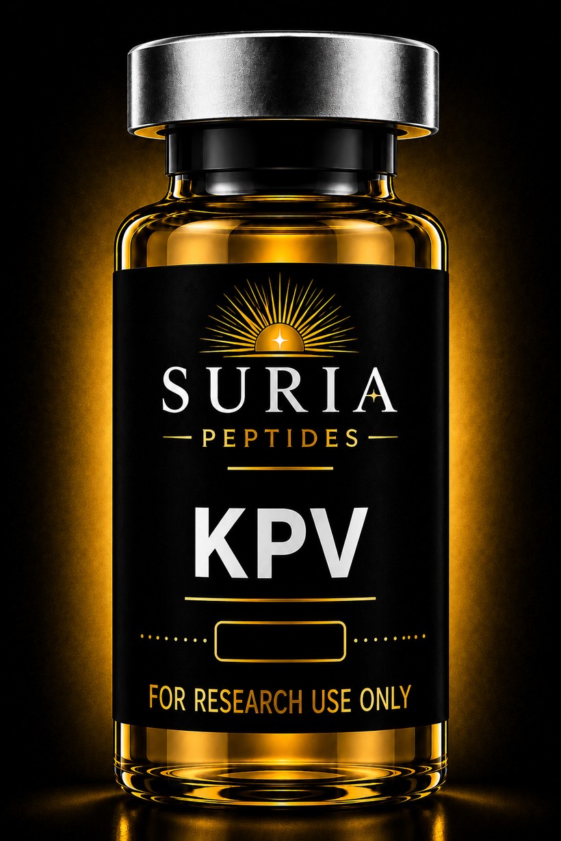 Vial of KPV research compound with silver cap and Suria label