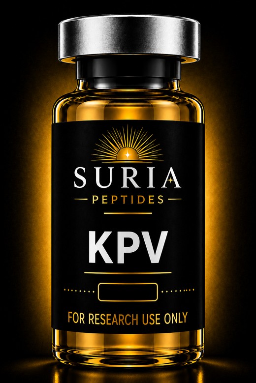 Vial of KPV research compound with silver cap and Suria label