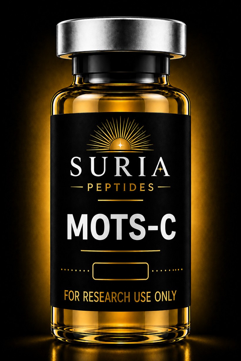 Vial of MOTS-c research compound with silver cap and Suria label, lit against a dark background with warm gold ambient light
