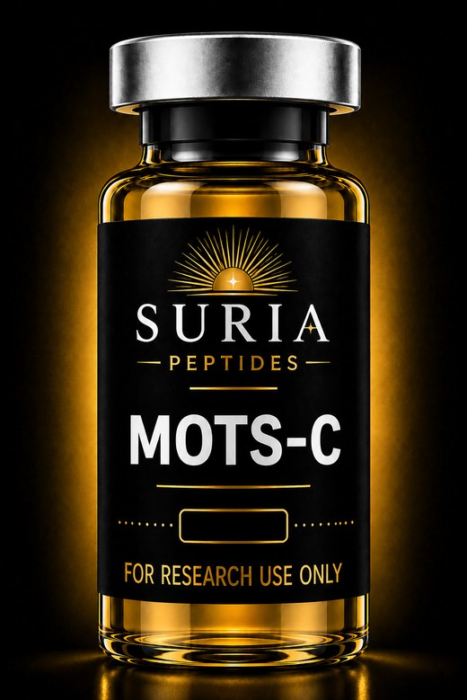 Vial of MOTS-c research compound with silver cap and Suria label