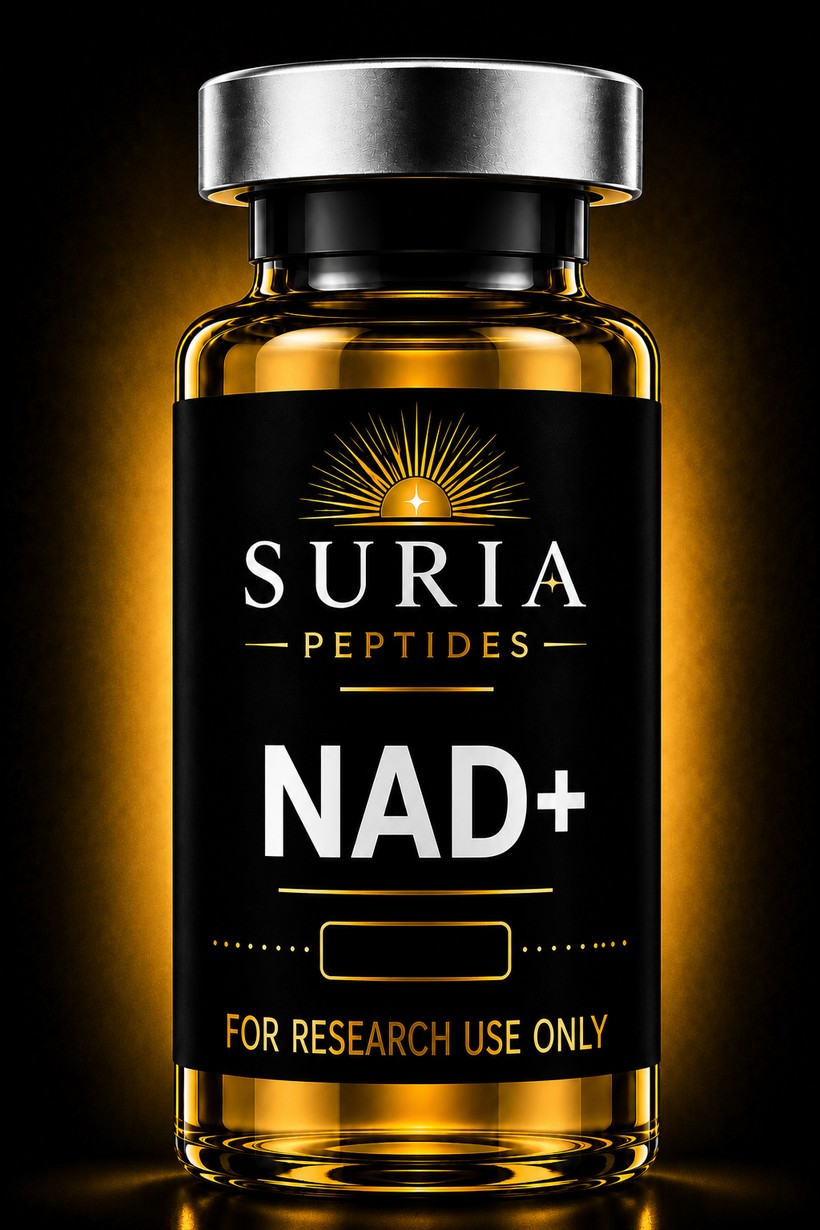 Vial of NAD+ research compound with silver cap and Suria label, lit against a dark background with warm gold ambient light