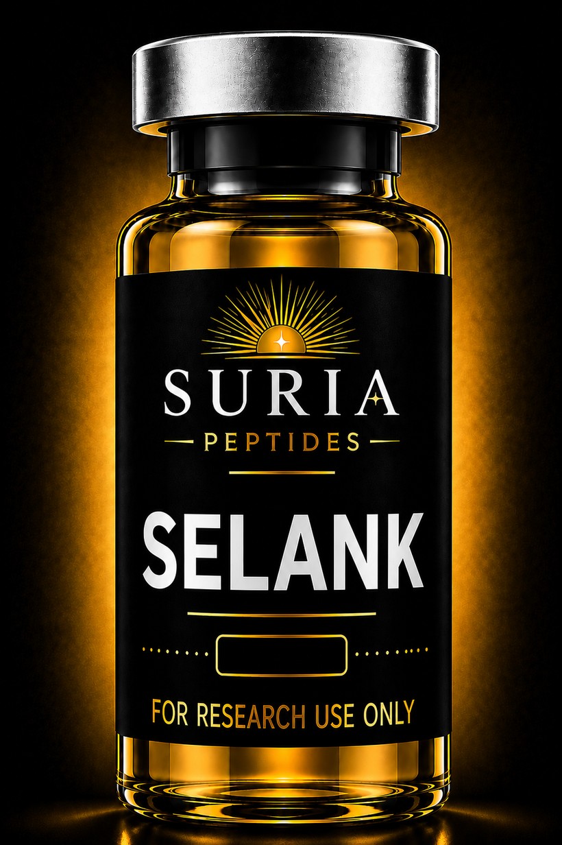Vial of Selank research compound with silver cap and Suria label