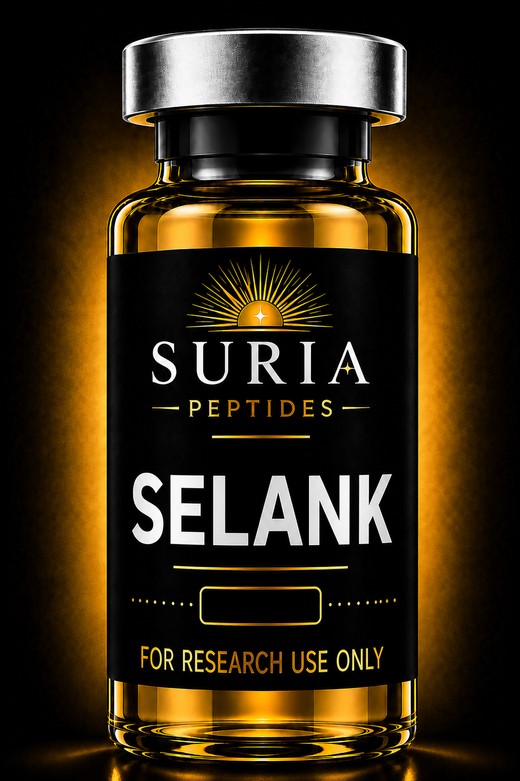 Vial of Selank research compound with silver cap and Suria label