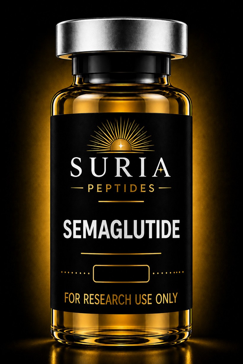 Vial of Semaglutide research compound with silver cap and Suria label