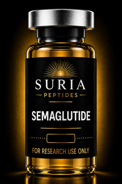 Vial of Semaglutide research compound with silver cap and Suria label
