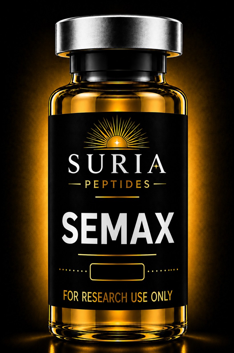 Vial of Semax research compound with silver cap and Suria label, lit against a dark background with warm gold ambient light