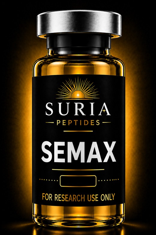 Vial of Semax research compound with silver cap and Suria label