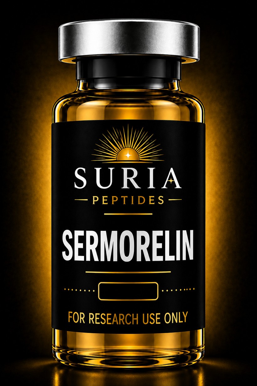 Vial of Sermorelin research compound with silver cap and Suria label