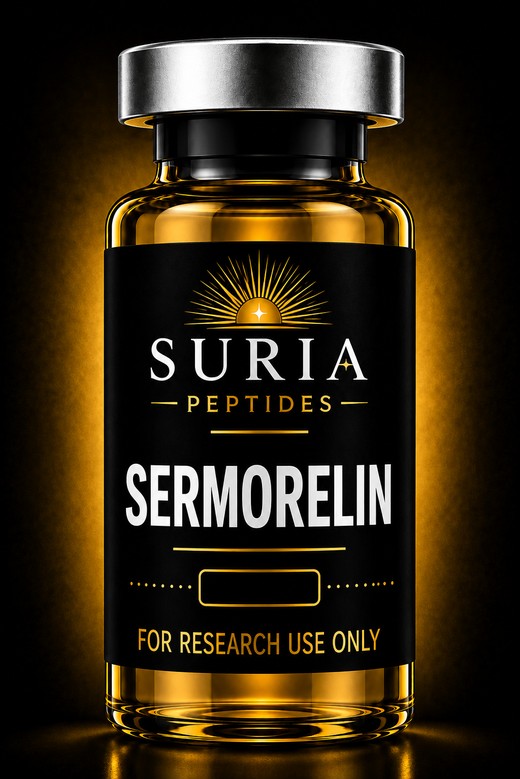 Vial of Sermorelin research compound with silver cap and Suria label