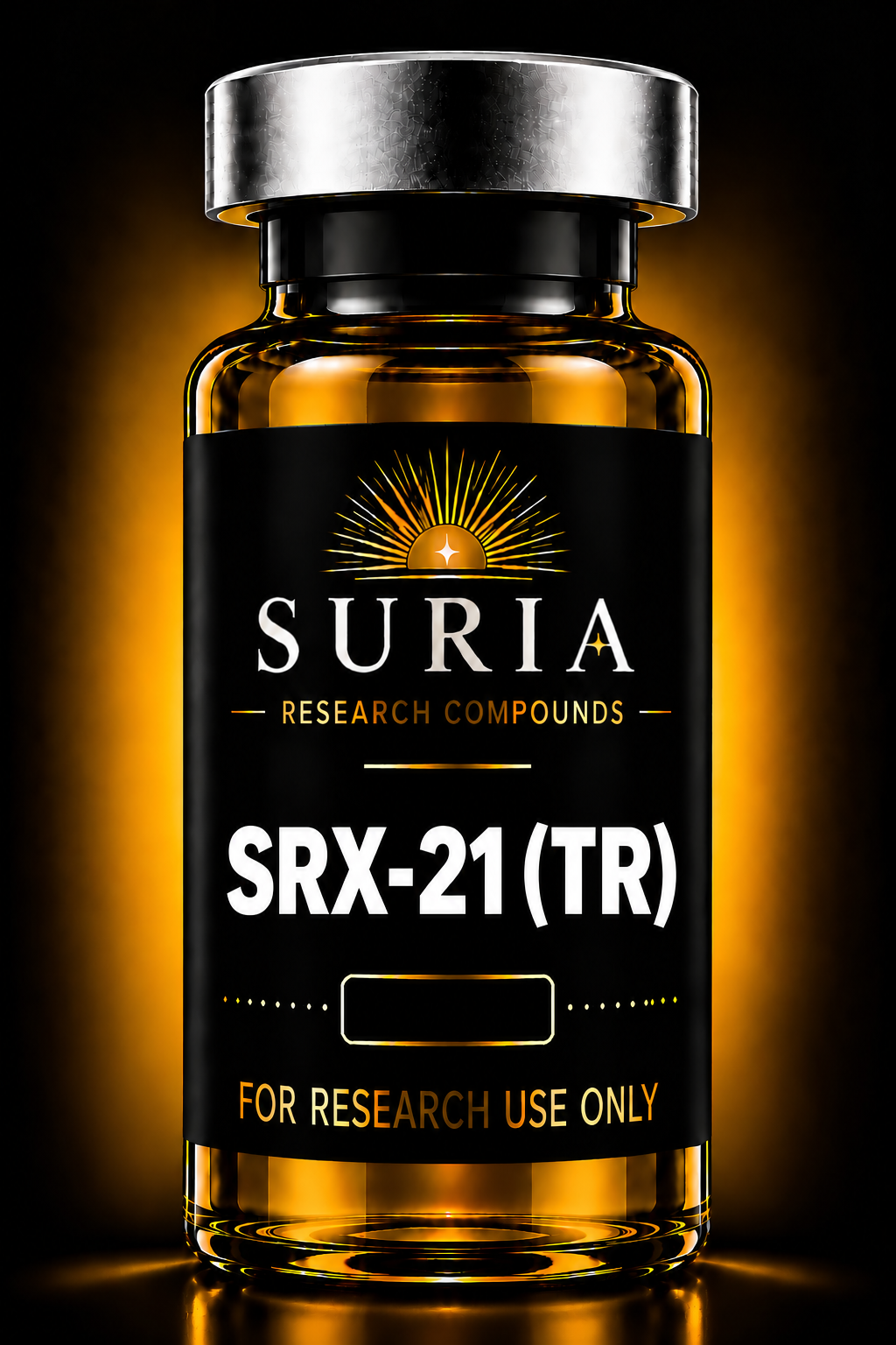 Vial of SRX-21 (TR) research compound with silver cap and Suria label