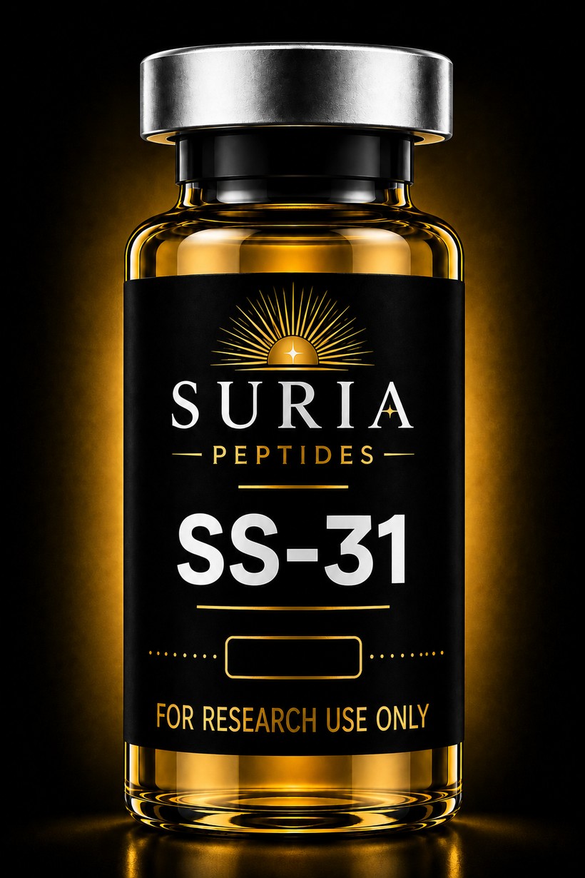 Vial of SS-31 research compound with silver cap and Suria label