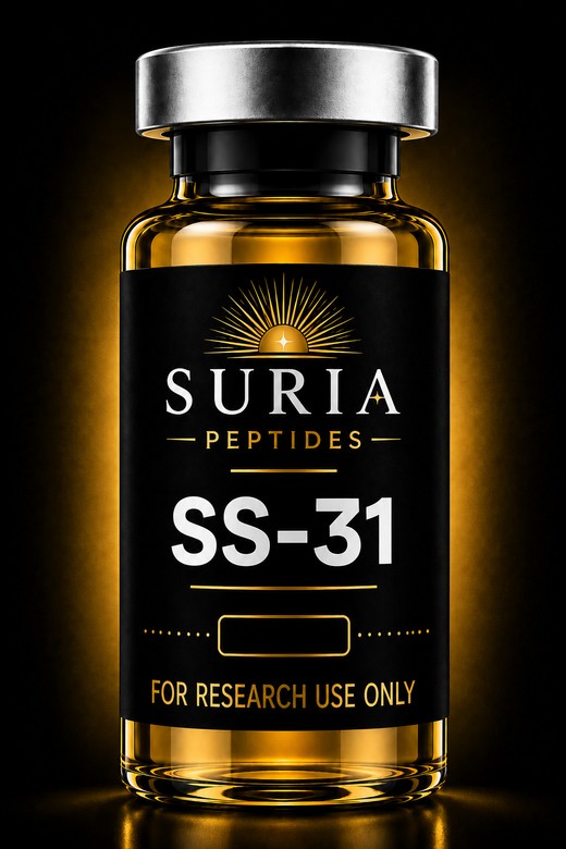 Vial of SS-31 research compound with silver cap and Suria label
