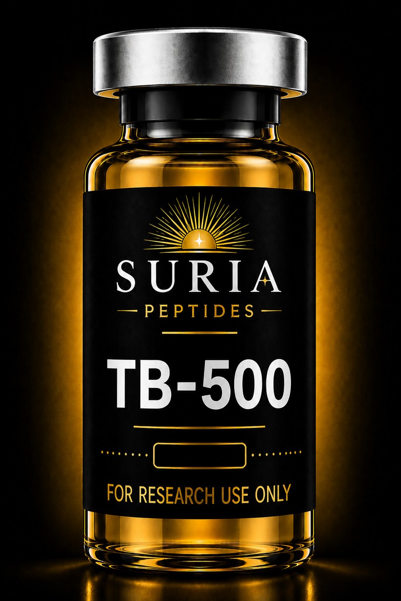 Vial of TB-500 research compound with silver cap and Suria label
