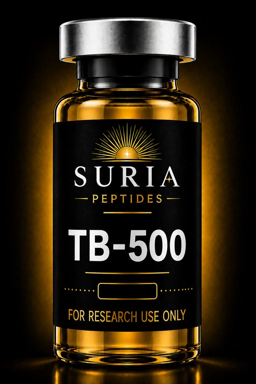 Vial of TB-500 research compound with silver cap and Suria label