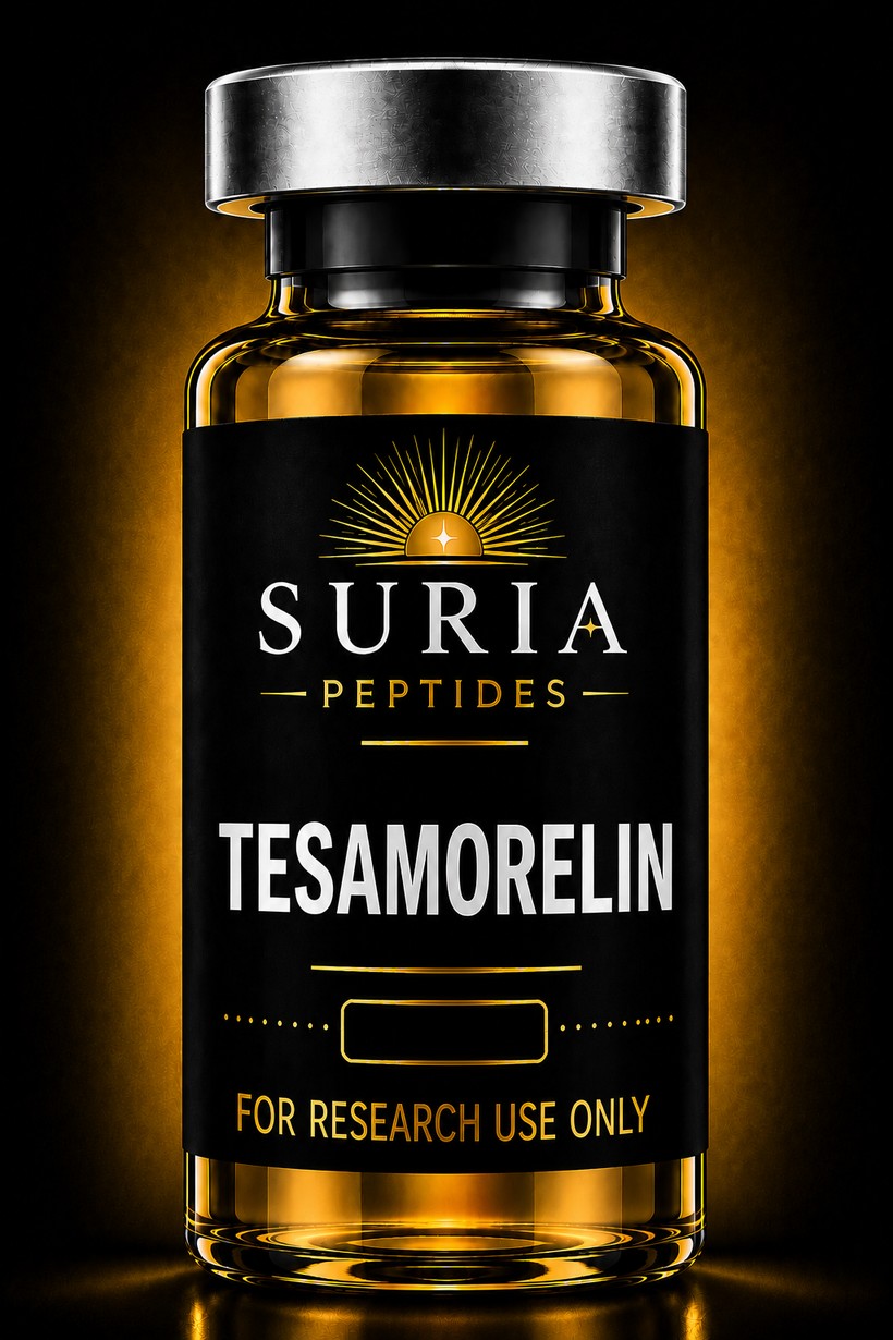 Vial of Tesamorelin research compound with silver cap and Suria label, lit against a dark background with warm gold ambient light