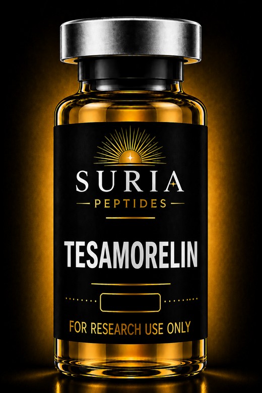 Vial of Tesamorelin research compound with silver cap and Suria label