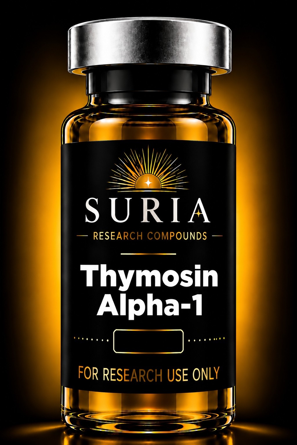 Vial of Thymosin Alpha-1 research compound with silver cap and Suria label