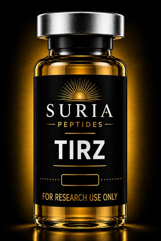 Vial of Tirzepatide research compound with silver cap and Suria label
